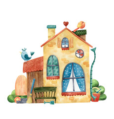 Cartoon yellow house with bright colorful details. Watercolor illustration.