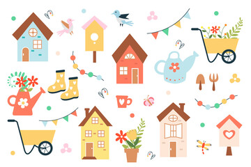 Fototapeta na wymiar Cute spring set - house, birdhouse, watering can, birds, flowers, garden cart, boots and others. Great for design of invitations, cards, parties, scrapbooking, stickers. illustration. 