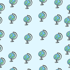 globe illustration on blue background. blue and green color. hand drawn vector. seamless pattern. geography icon. sphere, worldwide. doodle art for wallpaper, wrapping paper and gift, backdrop, cover.