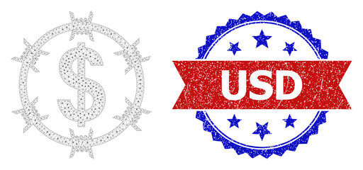 USD dirty seal, and barbed wire dollar icon network structure. Red and blue bicolor stamp seal includes USD title inside ribbon and rosette. Abstract 2d mesh barbed wire dollar,