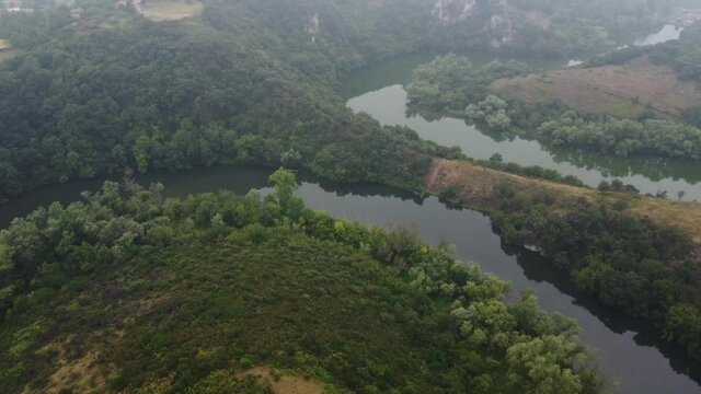 Aerial view of the meanders of the Nora river in Asturias, Spain.
