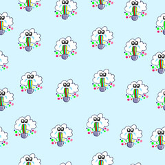 kawaii cloud and rainbow illustration on blue background. cute character, fantasy, imagination. seamless pattern, hand drawn vector. doodle art for wallpaper, wrapping paper, gift paper, backdrop. 
