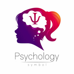 Modern logo Kid Girl head and letter Psi inside brain . Logotype sign of Psychology. Profile Human. Violet color isolated on white. Creative style. Symbol in vector. Design concept.