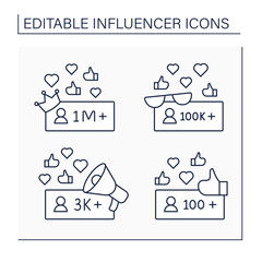 Influencer line icons set. Micro, macro, nano bloggers. Blogging concept. Isolated vector illustrations. Editable stroke