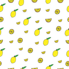 lemon and orange fruit illustration on white background. orange slices and whole of lemon. seamless pattern. hand drawn vector. yellow color. doodle art for wallpaper, wrapping paper, backdrop, fabric