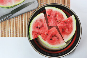 watermelon slices on a plate - red watermelon pulp