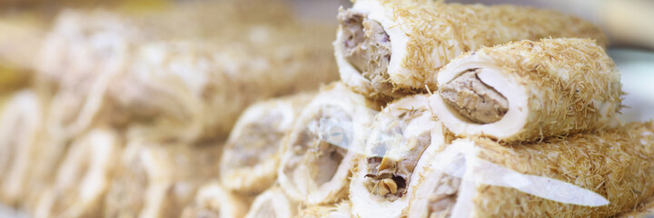 Closeup of traditional turkish delight in shop