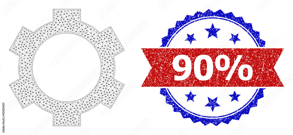 Poster 90% corroded seal imitation, and cog icon net model. red and blue bicolored seal has 90% caption ins