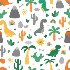 Obraz premium Seamless pattern with dinosaurs and natural elements. Funny dino in a cartoon style. Vector illustration. Suitable for printing on fabric, wallpaper, wrapping paper