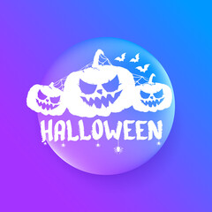 Obraz premium Happy Halloween Banner, greeting card or background with Vector white Halloween label with scary pumpkin isolated on purple abstract background.