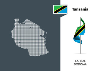 Flag of Tanzania on white background. Dotted map of Tanzania with Capital name - Dodoma. (EPS 10 vector art)