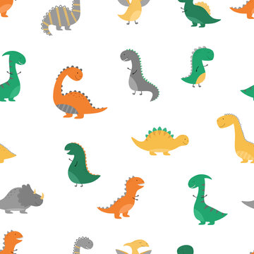 Seamless pattern. Funny dino in a cartoon style. Vector illustration. Suitable for printing on fabric, wallpaper, wrapping paper