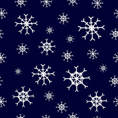 snowflake illustration on dark blue background. shape of snow, white outline. seamless pattern, hand drawn vector. seasonal, winter, december. doodle art for wallpaper, wrapping paper, backdrop,fabric
