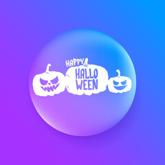 Happy Halloween Banner, greeting card or background with Vector white Halloween label with scary pumpkin isolated on purple abstract background.