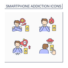 Smartphone addiction color icons set. Increasing stress, concealing smartphone use, anxiety feeling. Overwhelmed concept. Isolated vector illustrations