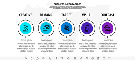 Vector minimal line infographics with circles. Hand-drawn business timeline 5 steps by step. Flat template with five ways for chart, diagram, flowchart, app