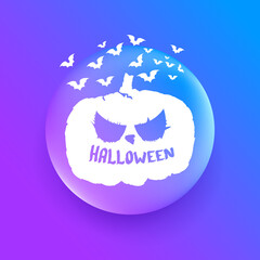 Happy Halloween Banner, greeting card or background with Vector white Halloween label with scary pumpkin isolated on purple abstract background.