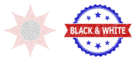 Black & White corroded seal imitation, and black sun icon triangular model. Red and blue bicolored stamp seal contains Black & White tag inside ribbon and rosette. Abstract flat mesh black sun,