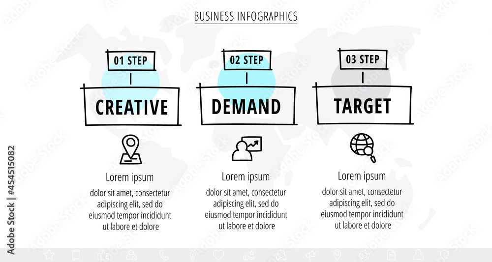 Poster vector hand-drawn sketch infographics with three icons. business visualization with 3 steps and squa