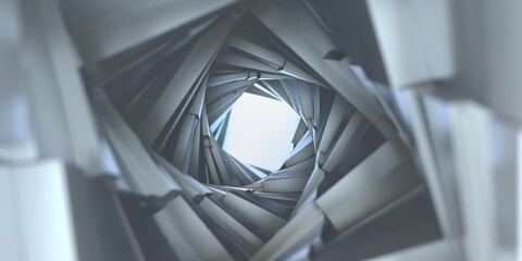 Obraz premium Abstract greeble cube background. Futuristic geometric structure model around a big hole, silver gray color, top view. 3d illustration