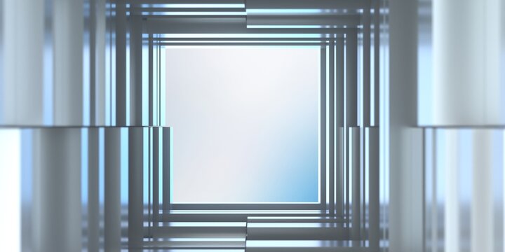 Futuristic geometric structure around a big square hole, Abstract greeble background. 3d illustration