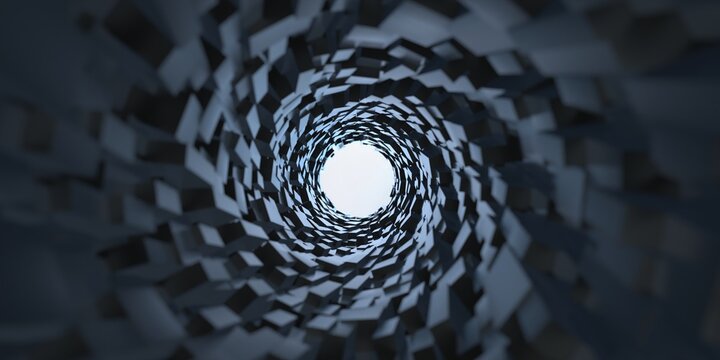 Futuristic geometric structure around a big hole, Abstract greeble background. 3d illustration