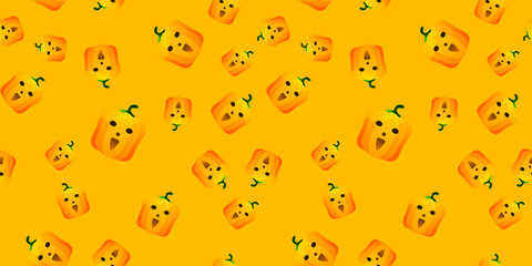Halloween pumpkin seamless pattern. Festive pumpkin on orange background. Vector illustration for design, invitation, wrapping paper, banner, advertisement, promotion. Halloween concept.