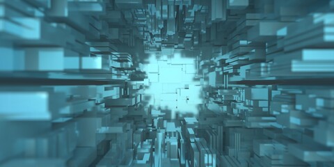 Abstract greeble cube background. Futuristic geometric structure blue color aerial top view. 3d illustration