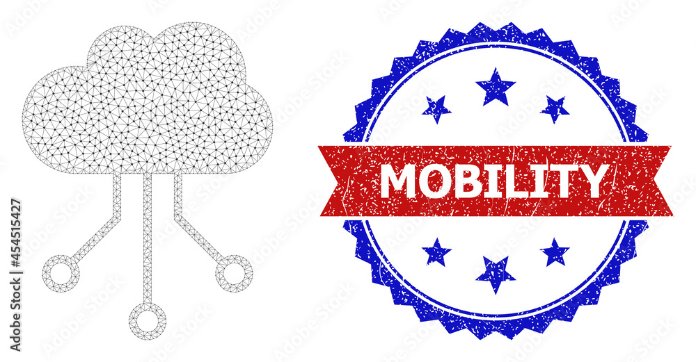 Poster mobility unclean stamp seal, and cloud connections icon triangular structure. red and blue bicolored