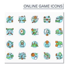 Online game color icons set. Different game types. Arcade, role play, simulation. Virtual reality. Modern technology concept. Isolated vector illustrations