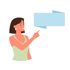Woman pointing finger at banner poster vector illustration. Cartoon young woman character points to business advertising presentation, girl in dress showing board blank advertisement isolated on white