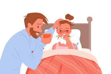 Father helping of sick daughter, boy lying in bed vector illustration. Cartoon dad character holding mug of hot drink, sitting by bedside of sick patient child to care health, parent love isolated on