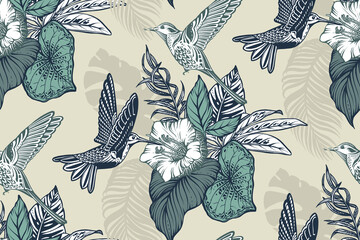 Beautiful seamless pattern with tropical flowers, hummingbird, jungle palm, monstera, exotic leaves.