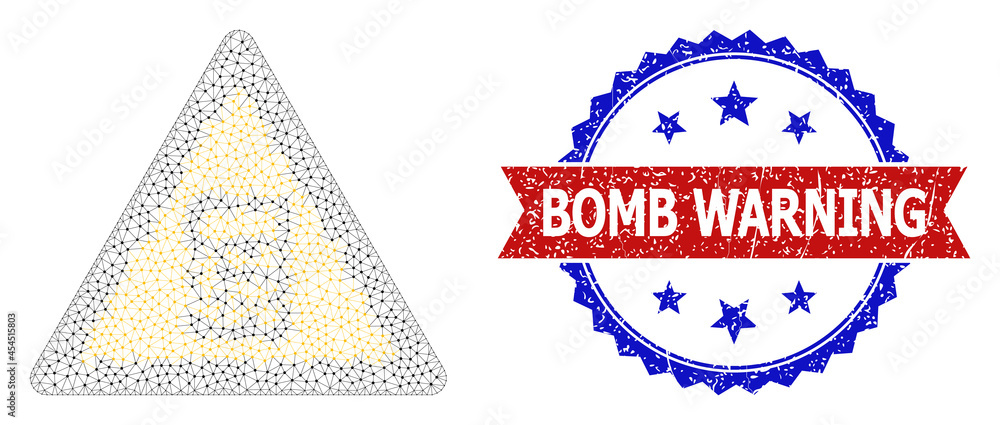 Poster bomb warning unclean stamp seal, and calculator warning icon triangular model. red and blue bicolore