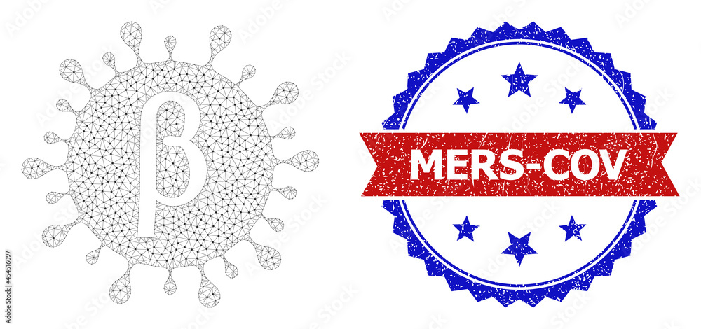 Poster mers-cov corroded seal imitation, and beta covid virus icon network structure. red and blue bicolore