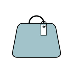 Women's fashionable light blue bag with a tag. Flat vector illustration. Style concept.