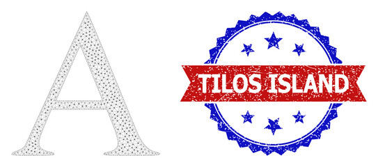 Tilos Island rubber seal imitation, and Alpha Greek letter icon net structure. Red and blue bicolor stamp seal includes Tilos Island title inside ribbon and rosette.