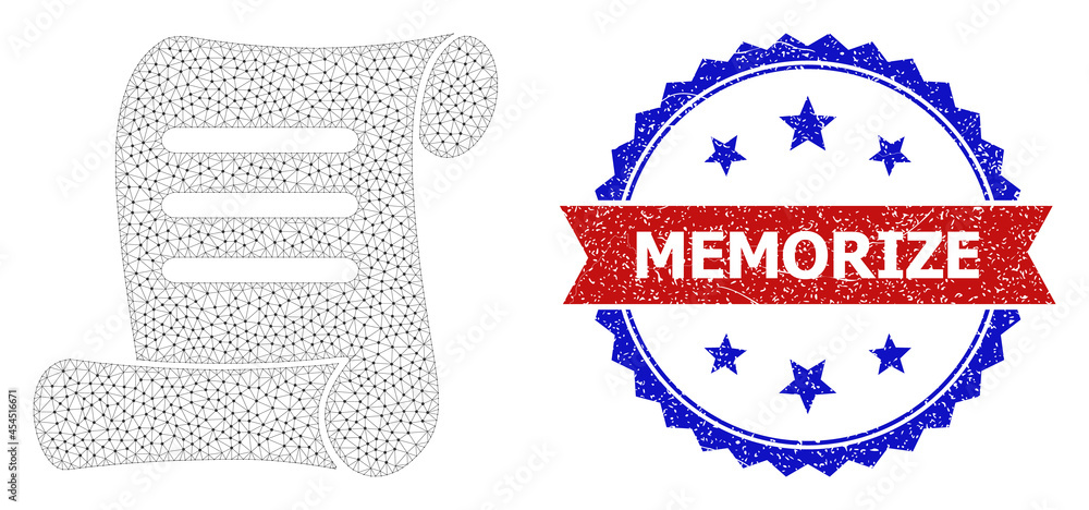 Poster memorize rubber seal print, and document roll icon triangular model. red and blue bicolored seal inc