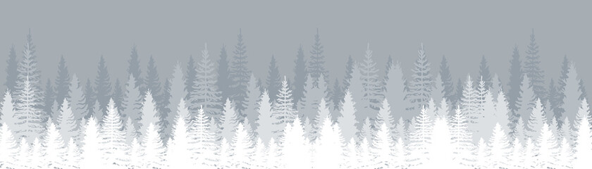 Winter landscape with snowy fir forest. Pines. Set of Pine, Spruce and Christmas Tree. Forest background. Panorama view. Vector illustration