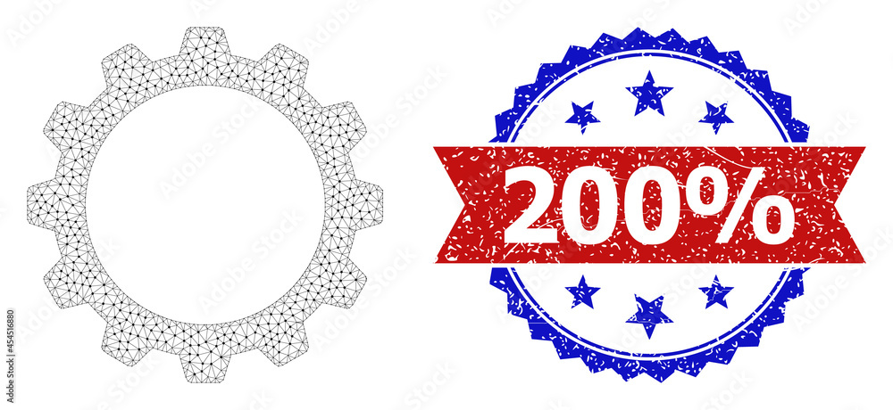 Poster 200% scratched stamp seal, and cogwheel icon net model. red and blue bicolored stamp seal contains 2