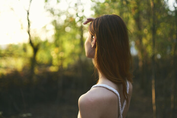 Woman in white dress nature forest trees summer walk