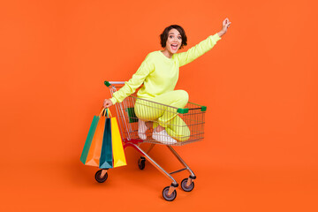 Portrait of attractive cheerful girl sitting in cart holding bags new things striving isolated over...