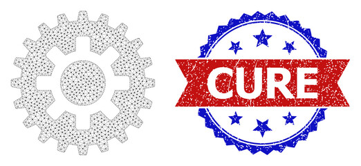 Cure scratched seal print, and cogwheel icon net model. Red and blue bicolor stamp includes Cure title inside ribbon and rosette. Abstract flat mesh cogwheel, created from flat mesh.