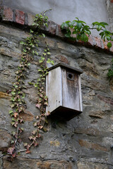 Old Wooden Birds Nesting Box on Old Stone Wall seen from Below 