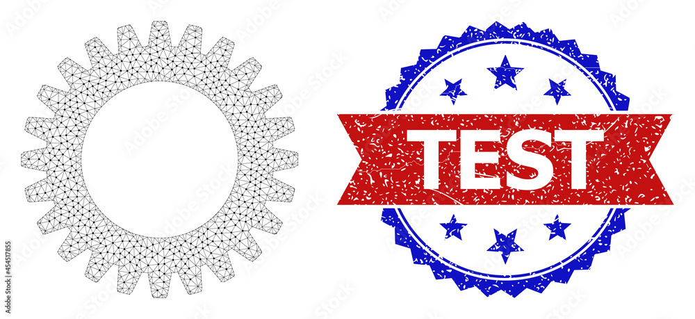 Poster test dirty seal imitation, and cogwheel icon mesh structure. red and blue bicolor stamp seal has tes