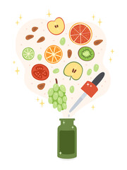 Illustration of a cosmetic product containing vitamins and acids from natural fruits. Illustrates natural composition. Suitable for peeling, serum, oil.