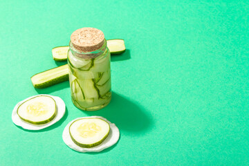 Homemade cucumber cosmetics. Detoxification skin vegetable masks. Natural face lotion or tonic water