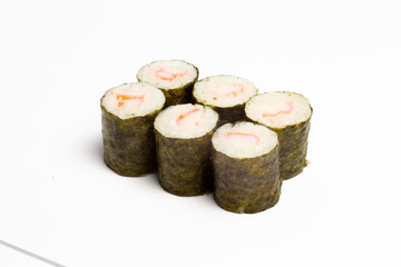 Traditional japanese nigiri sushi, separated on white background, side view