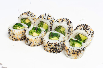 Traditional japanese nigiri sushi, separated on white background, side view