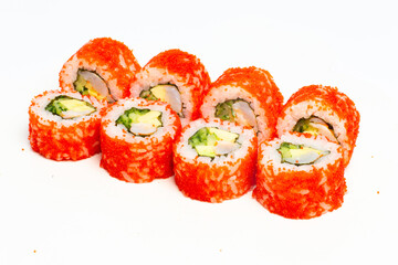 Traditional japanese nigiri sushi, separated on white background, side view
